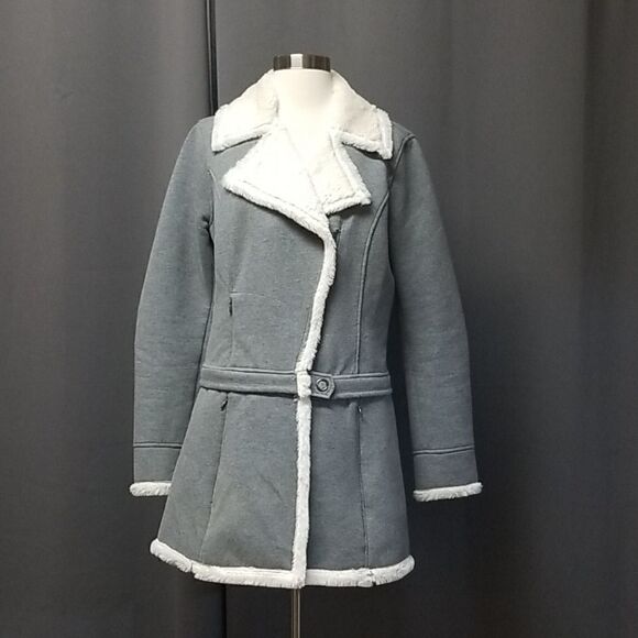 Athleta Jackets & Blazers - Athleta Gray Faux Fur Convertible Moto Pea Coat Md